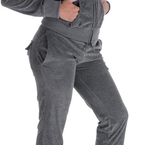 Stylish Women's Dark Grey Velvet Tracksuit with Hoodie & Drawstring Pants - Picture 2 of 5
